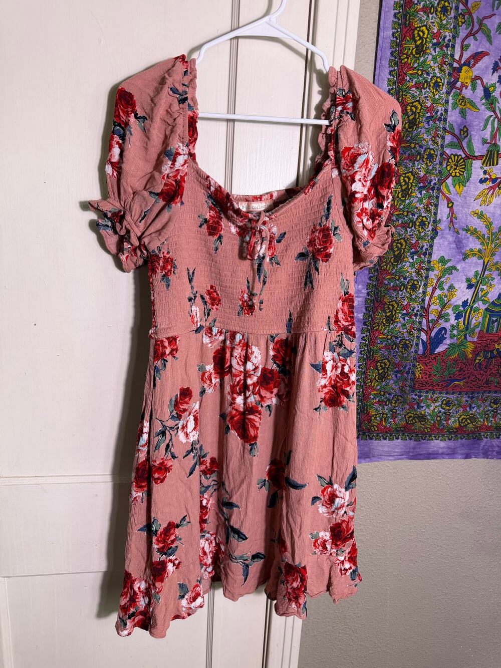 BOG Collective Floral Mini Dress Mauve Red Rose Smocked Puff Sleeve Cottagecore